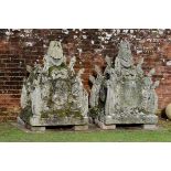 A pair of carved Portland stone armorial gatepier tops circa 1870 each carved with weapons of war