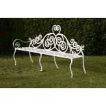  Garden Seat: An unusual pair of Georgian style wrought iron seats modern with makers stamp DLV