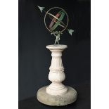 A cast iron and copper mounted armillary sundial modern on 19th century cast iron pedestal and stone