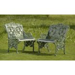 Garden Seats: A pair of rare Coalbrookdale Nasturtium pattern cast iron chairslast quarter 19th