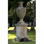 Garden urns: An impressive carved sandstone urn on pedestal1st half 19th centurywith later