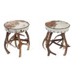 Seats: Pair of Hide and Antler Stools 60cm.; 23½ins high by 40cm.; 16ins wide by 40cm.; 16ins deep