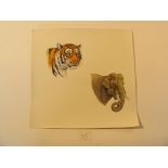 A watercolour of a Tiger and an Elephant and three pen and ink drawings; Tigers; Aotes