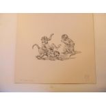 A pen and ink drawing of playing monkeys 39cm.; 15¼ins by 40cm.; 15¾ins together with a pencil