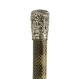 Walking Canes: A snake skin covered stick with antler handle and metal band late 19th century 94cm