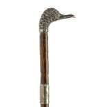 Walking canes: A small wooden stick with a silver duck handle and collar hallmarked London 1902