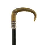 Walking Canes: A Malacca stick with horn handle and silver collar in the form of a foliate engraved