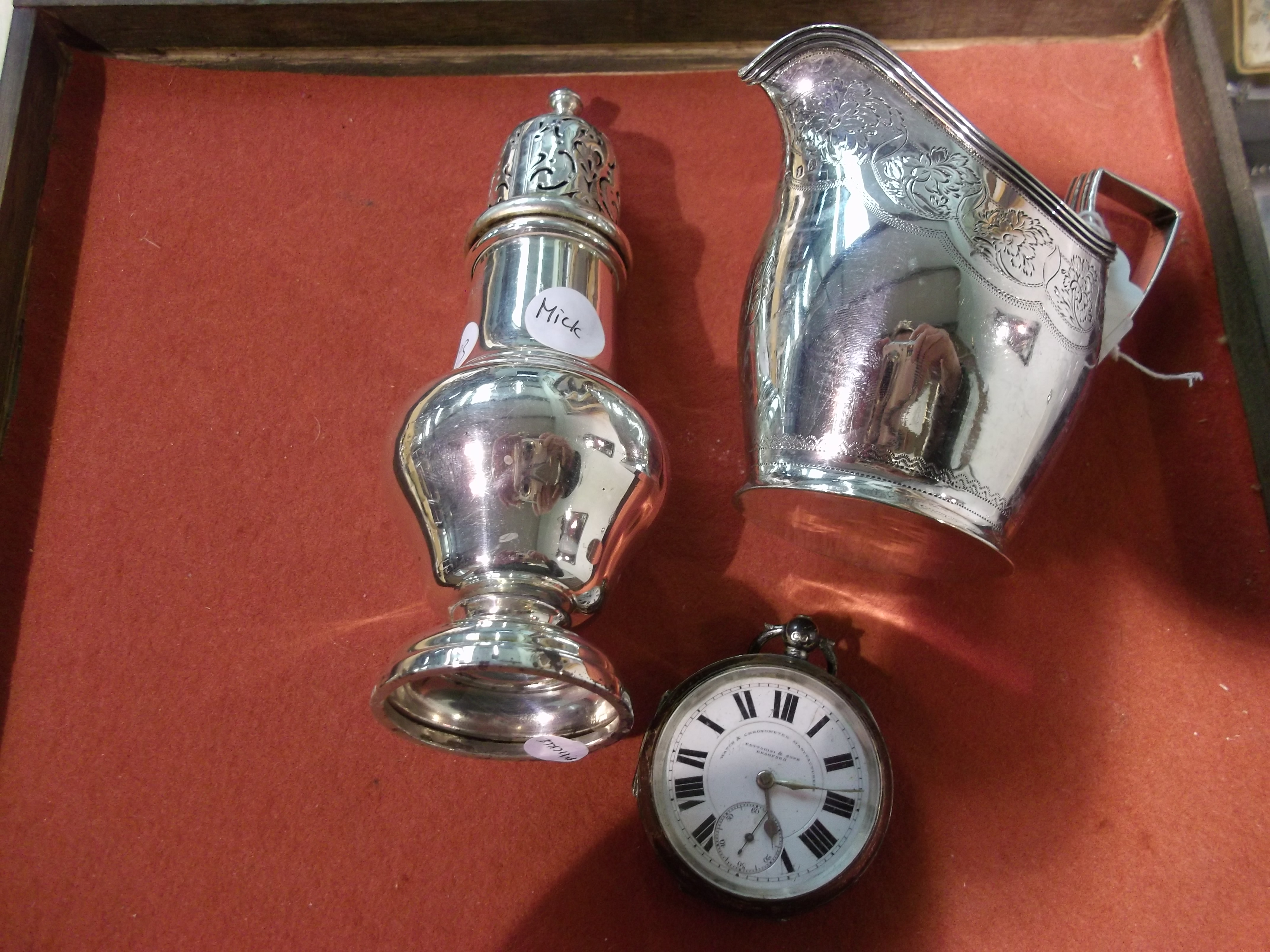 Silver jug and sugar caser 263g, pocket watch by Fatttorini