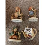 3 Hummel figures and miniature tea pot