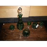 Green glass decanter and glasses