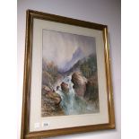 A large watercolour of a waterfall in the mountains by Norton Willis