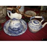 blue and white jug + bowl and kettle SPODE