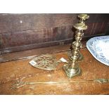 brass candlesticks trivet + toasting fork
