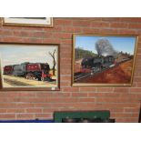 2 oil paintings of trains