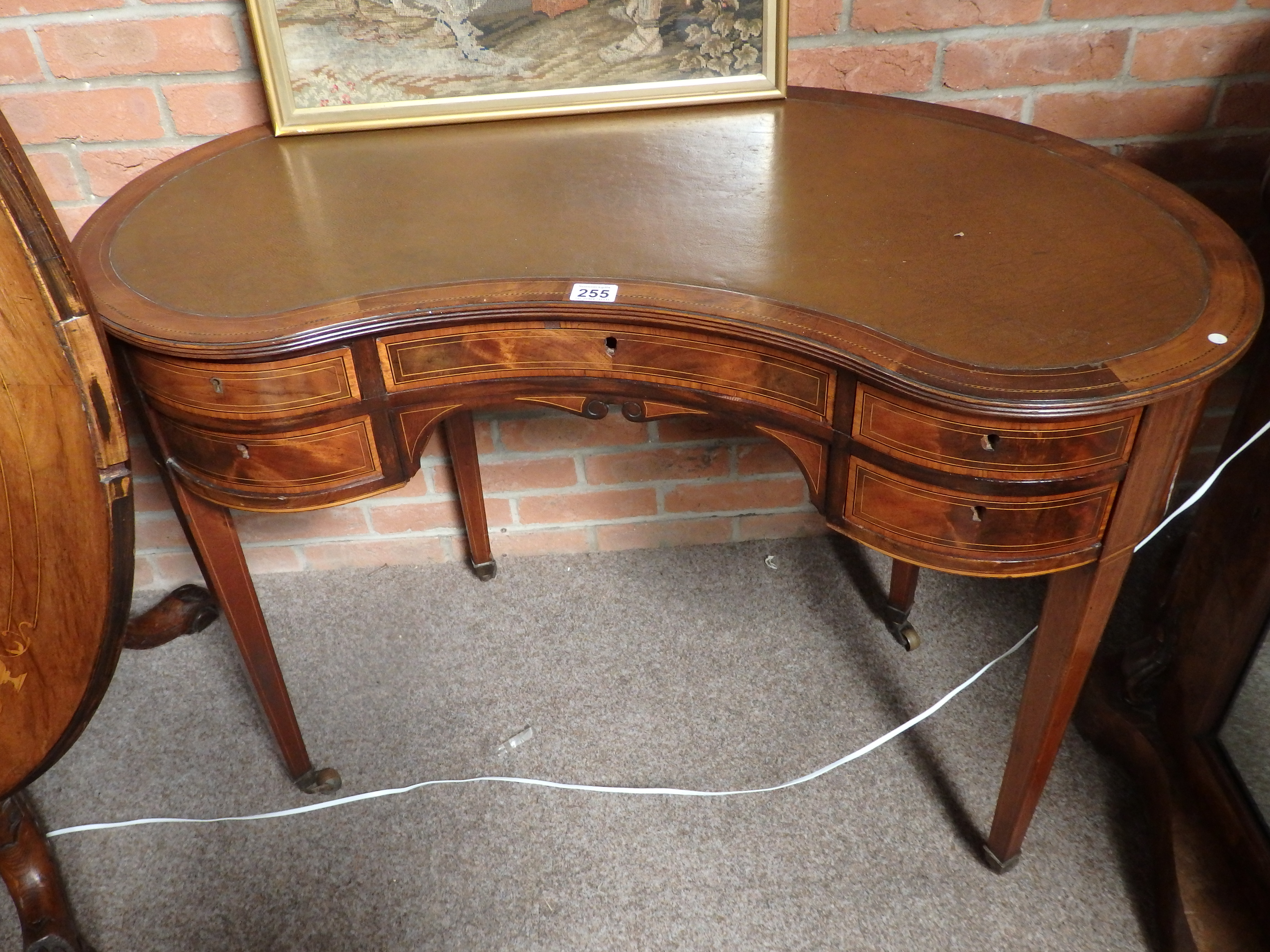 Antique mahogany and inlay kidney shaped desk