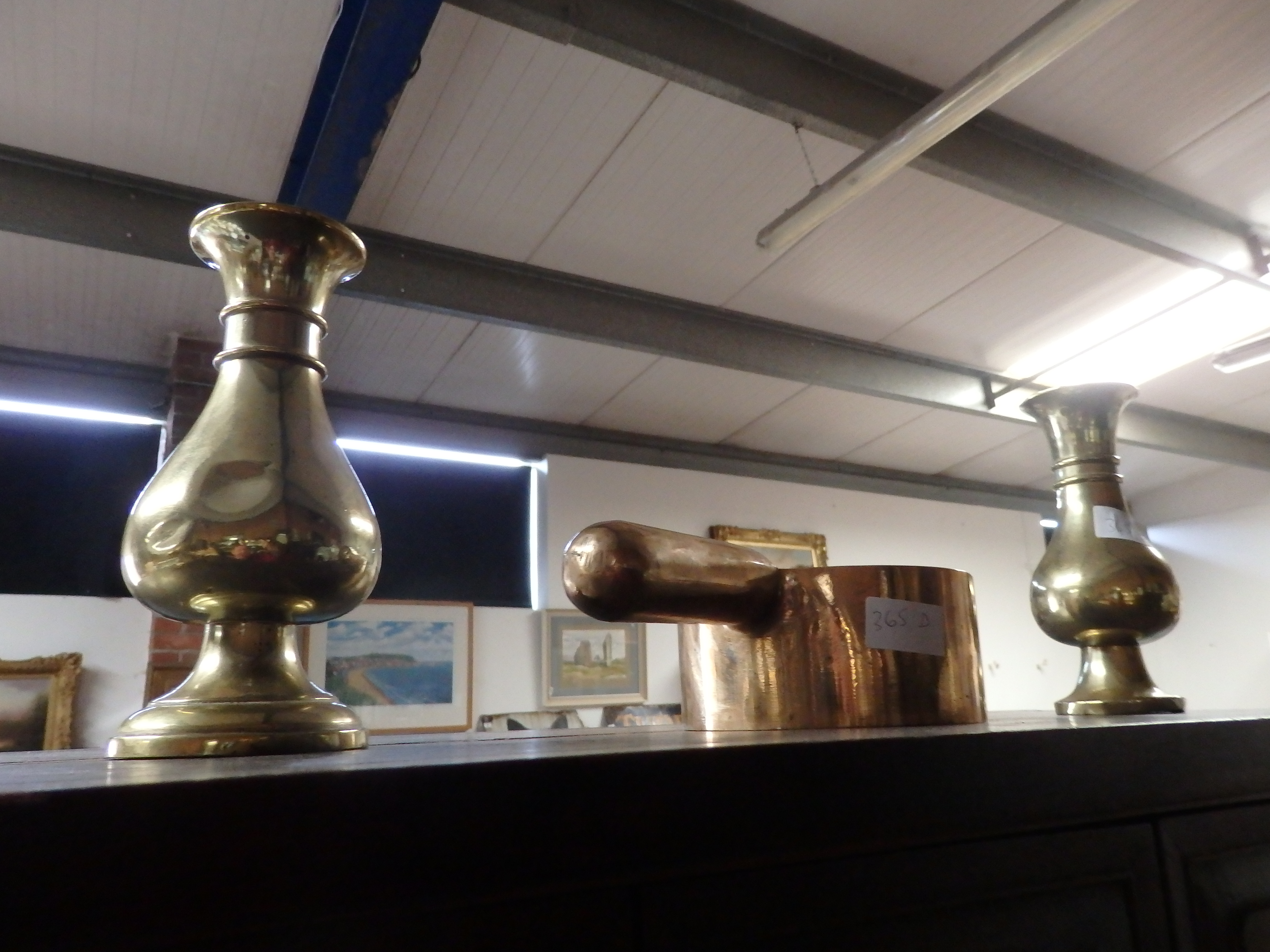 brass pan and pair of vases