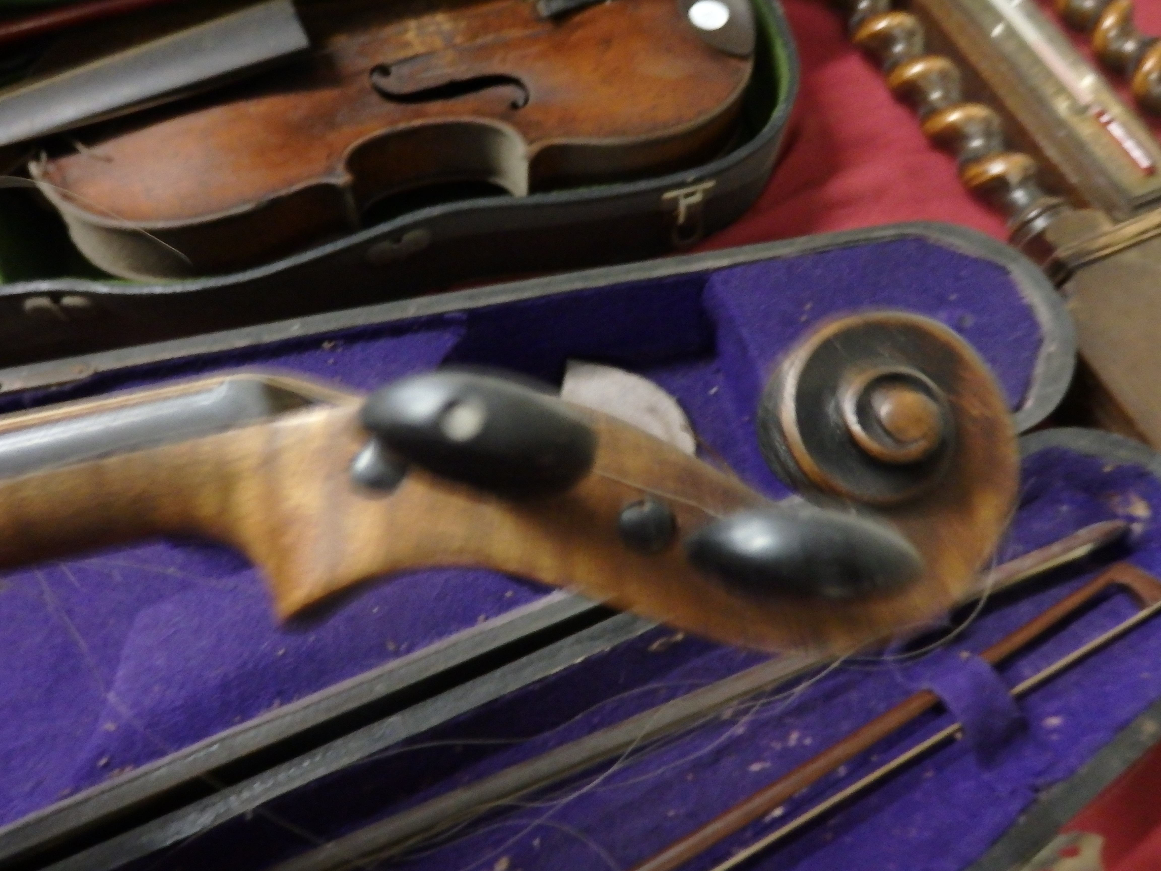 2 Violins in cases with 4 bows 1 marked Wolff bros. 1881 - Image 3 of 9