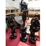 Pair of Oriental wooden figures and Metal figure 36cm