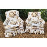 A MATCHED PAIR OF VICTORIAN/EDWARDIAN UPHOLSTERED EASY ARMCHAIRS.
