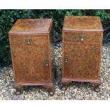 A PAIR OF MID 20TH CENTURY BURR WALNUT BOW FRONTED BEDSIDE CHESTS With single drawers above