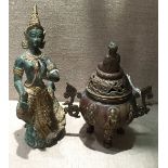 A 19TH CENTURY BRONZE INCENSE BURNER Figured with a seated Buddha, along with a Thai/Burmese statue.