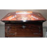 A VICTORIAN ROSEWOOD AND MOTHER OF PEARL INLAID TEA CADDY Of sarcophagus form and having a domed