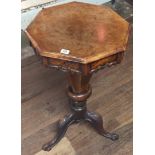 A VICTORIAN WALNUT TRUMPET FORM SEWING TABLE With a fitted interior, raised on a turned pedestal