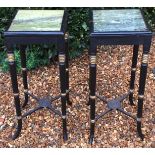 A PAIR OF 19TH CENTURY EBONIZED PLANT STANDS With green marble inset tops, raised on turned legs,