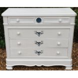 A 19TH CENTURY FRENCH PAINTED CHEST Of four long drawers with canted corners.  (117cm x 102cm x