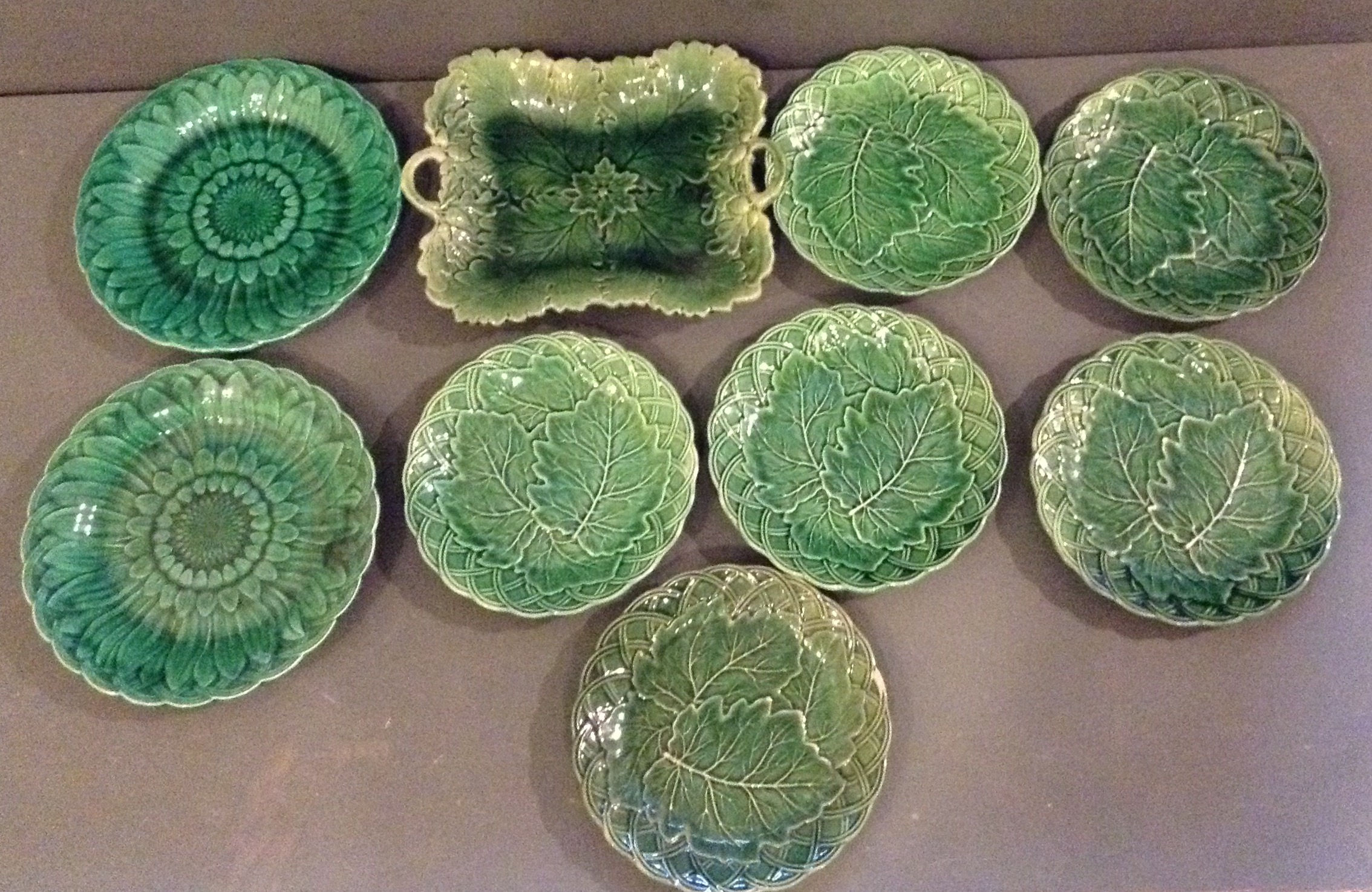 A COLLECTION OF VICTORIAN MAJOLICA POTTERY Comprising a rectangular bread and butter plate,