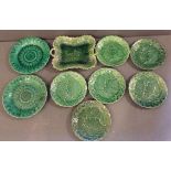 A COLLECTION OF VICTORIAN MAJOLICA POTTERY Comprising a rectangular bread and butter plate,