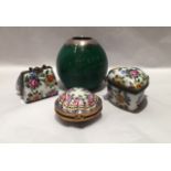 LIMOGES, THREE PORCELAIN PILL BOXES Along with an Asprey silver mounted match striker.