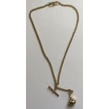 A 9CT GOLD NECKLACE AND SEAL FOB PENDANT The narrow curb link chain, having a T bar and a pendant in