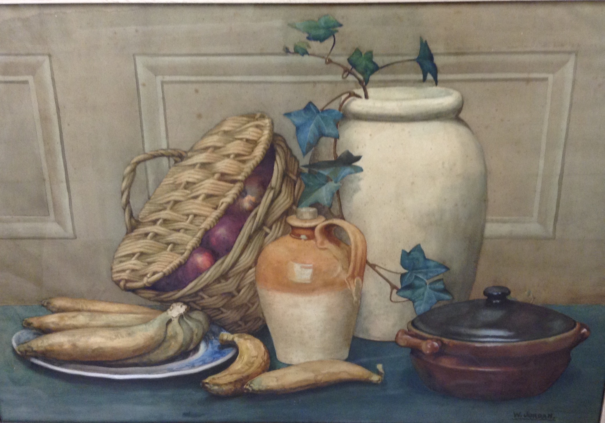 W. JORDAN, WATERCOLOUR Still life, kitchen scene with apples and bananas, contained in a light oak