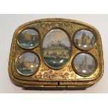 A 19TH CENTURY GILT PURSE Inset with five painted roundels, of historical English buildings and