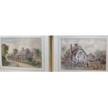 A PAIR OF 19TH CENTURY WATERCOLOURS Country scenes of thatched cottages, with tall chimneys, figures