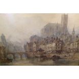 PAUL MARNY, FRENCH/BRITISH, 1829 - 1914, WATERCOLOUR A Medieval town, framed. (54cm x 36cm)