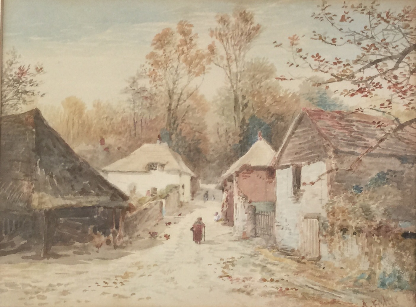 A. FISHER, A LATE 19TH CENTURY WATERCOLOUR Figure on a country village path, framed and glazed. (