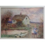 F.H. FLOWER, AN EARLY 20TH CENTURY WATERCOLOUR Children feeding geese by a country cottage, gilt