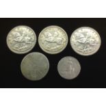 FOUR SILVER CROWNS To include three 1935 and one 1887, plus an early 20th Century Florin.
