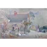 P. WELSH, A 19TH CENTURY WATERCOLOUR Country scene, a young girl in period dress, playing with a dog