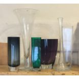 A COLLECTION OF SIX STUDIO GLASS VASES To include coloured and clear. (tallest measures 49cm)