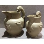 TWO 18TH CENTURY STAFFORDSHIRE SMEAR GLAZED STONEWARE GEORGE III COMMEMORATIVE JUGS Moulded with the