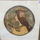 JANE ATCHE, 1872 - 1937, AN ART NOUVEAU LITHOGRAPH PRINT Of lady reading, the circular shape with