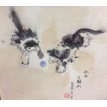 AN EARLY 20TH CENTURY CHINESE WOODBLOCK PRINT Of two cats playing with a ball, signed lower right