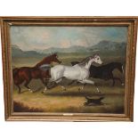 SAMUEL SPODE, IRISH, 1825 - 1858, OIL ON CANVAS Horses in full gallop, with a dog and the Wichlow