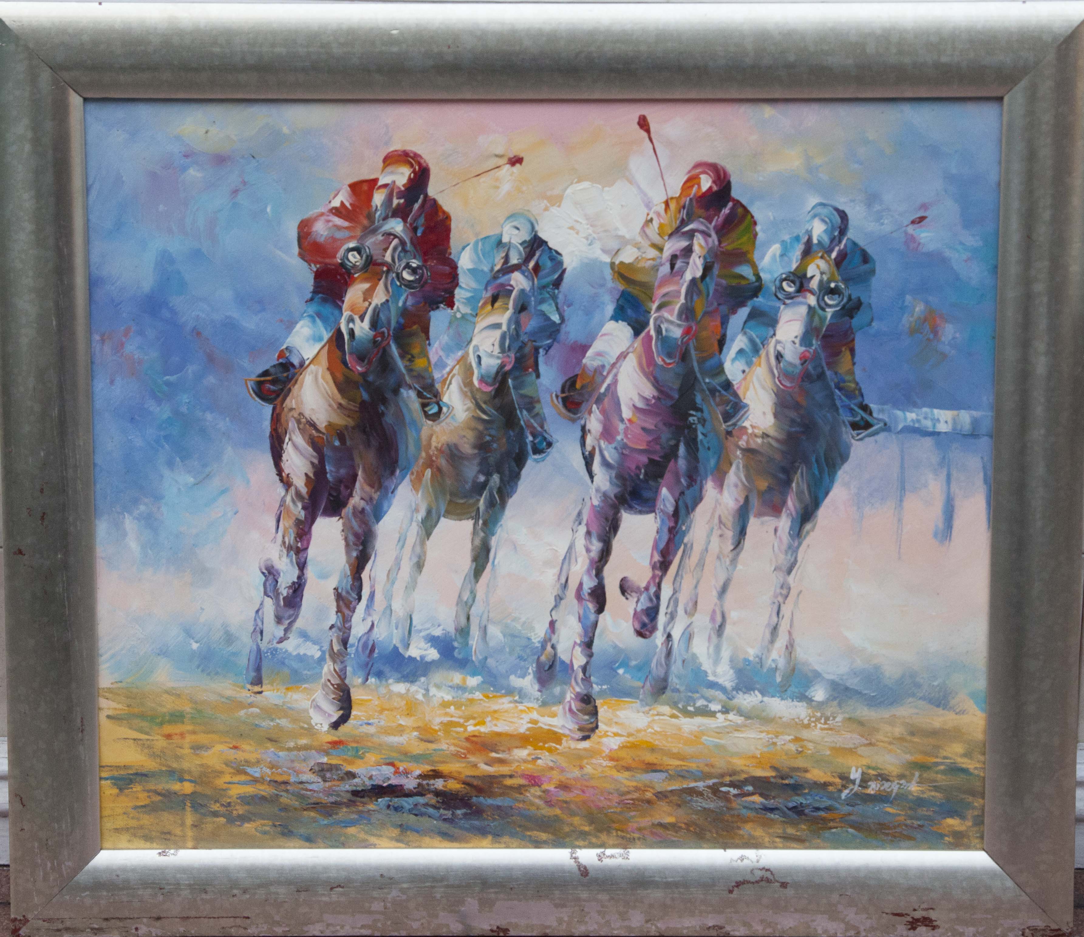 A CHINESE SCHOOL CONTEMPORARY OIL ON CANVAS Horse racing scene, signed. (20" x 24")