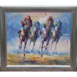 A CHINESE SCHOOL CONTEMPORARY OIL ON CANVAS Horse racing scene, signed. (20" x 24")