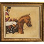 MICHAEL GRIMSDALE, CONTEMPORARY, PASTEL Racehorse and jockey, signed and contemporary framed. (18" x