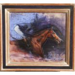 KATIE O'SULLIVAN, PASTEL Racehorse and jockey, signed, framed and glazed. (16" x 18")